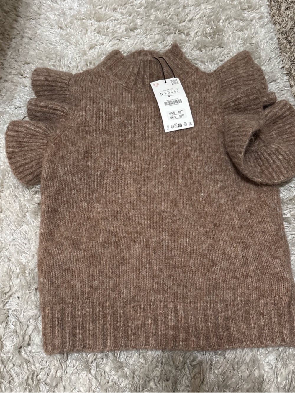 Zara’s Women's Brown Ruffle Sleeve Knit Sweater - Wool